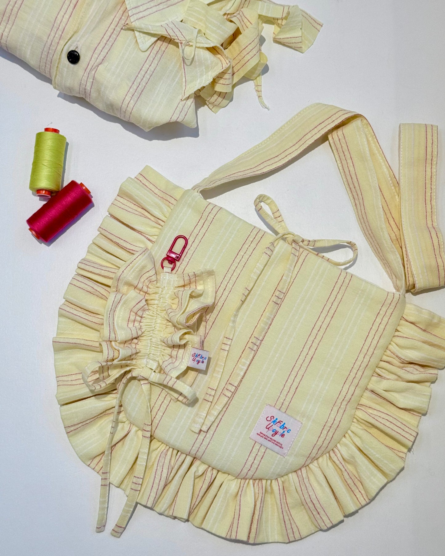 Ruffled Crossbody Bag (M Size | Yellow with Pink Stripes)