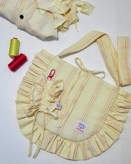 Ruffled Crossbody Bag (M Size | Yellow with Pink Stripes)