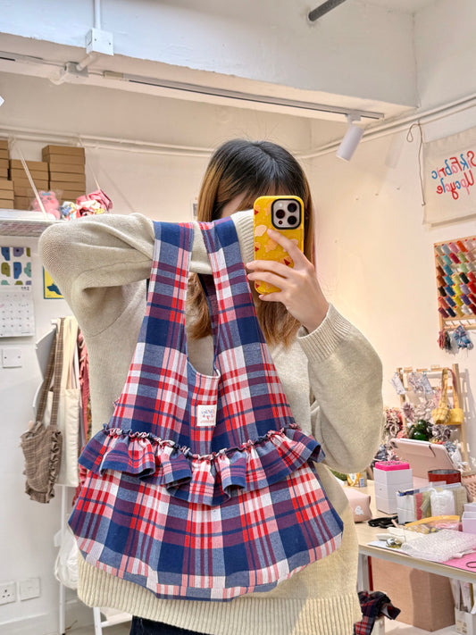 Polo Style Ruffled Totebag (Red & Blue Tartan)
