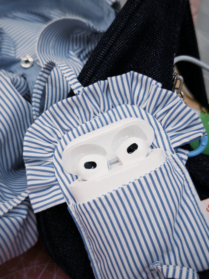 Ruffle AirPods Pouch（AirPods Pro2/Pro3 | 綁結款 | 藍白直間）