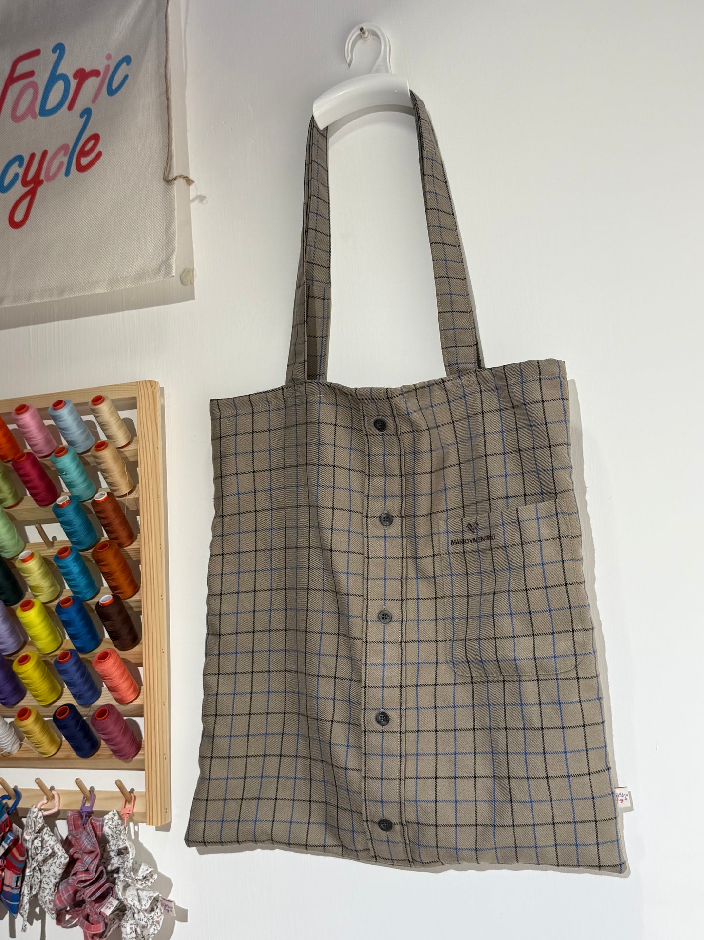 Shirt Style Totebag (Grey with Blue Stripes)